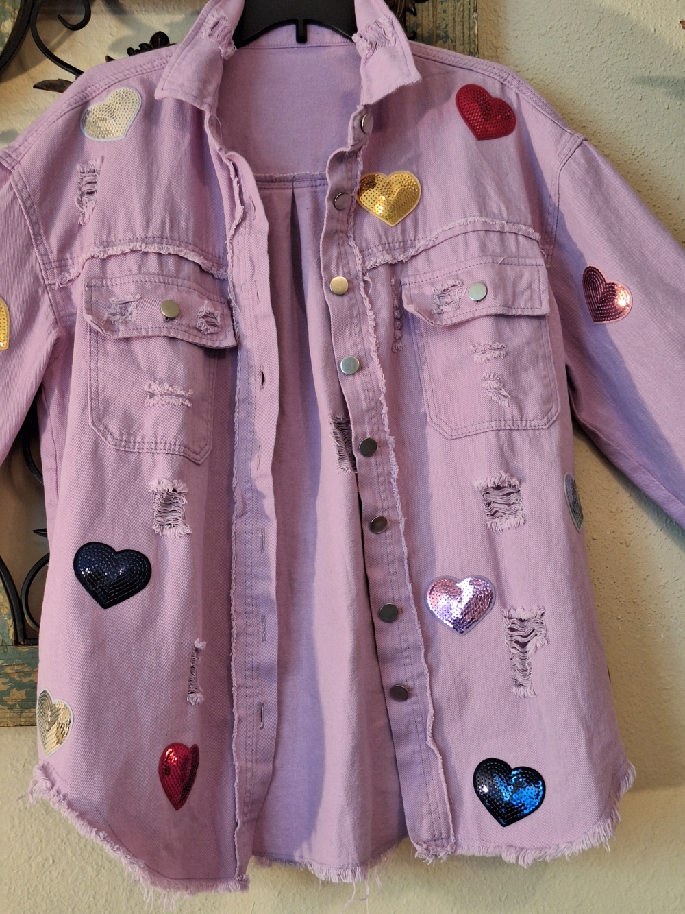 Lavender Sequin Heart Distressed Denim Jacket - Women's Shacket. Size L/XL